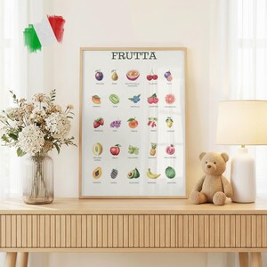 May include: A rectangular wall poster titled FRUTTA featuring a grid of watercolor illustrations of various fruits, each labeled with its Italian name. The poster displays rows of colorful fruits including berries, citrus, tropical items, and stone fruits.