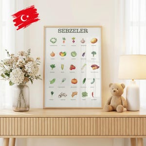 May include: A rectangular wall poster titled SEBZELER featuring a grid of colorful vegetable illustrations with Turkish labels. The print displays various produce including carrots, onions, tomatoes, and mushrooms arranged in neat rows on a white background.
