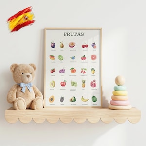 May include: A framed educational poster titled FRUTAS featuring watercolor illustrations of various fruits with their names in Spanish, displayed on a light wood scalloped shelf alongside a tan teddy bear with a blue bow and a wooden stacking toy.