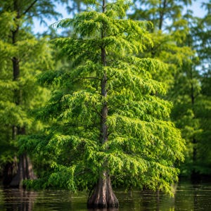 May include: A tall, slender cypress tree with vibrant, light green feathery needles and a textured, reddish-brown trunk rising directly from the dark, still water of a swamp, surrounded by other similar trees in the soft-focus background.