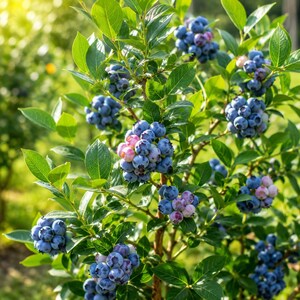 May include: A blueberry bush featuring clusters of round, deep blue berries and some ripening pinkish-purple fruit. The plant has vibrant green, oval-shaped leaves and thin, woody stems, capturing the natural growth of the fruit in a garden.