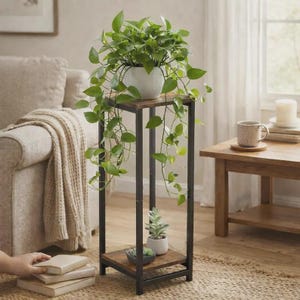 May include: A tall, square plant stand featuring a dark brown wood-grain top and bottom shelf supported by a black metal frame. A white pot with a trailing green pothos plant sits on the top shelf, while a small succulent sits on the bottom.