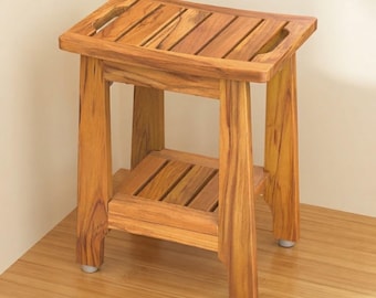 Teak Shower Stool with Shelf, Solid Wood Bathroom Bench, Non-Slip Feet