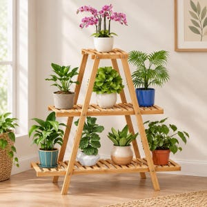 May include: A three-tiered A-frame plant stand made of light-colored bamboo wood. The stand features slatted shelves holding eight potted plants, including a pink orchid on the top shelf, and various green foliage in ceramic and plastic pots.
