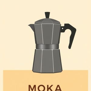 Könnte beinhalten: Eine Illustration einer dunkelgrauen Mokkakanne mit facettiertem, achteckigem Körper, schwarzem Griff und schwarzem Deckelknopf. Unter der Kaffeemaschine steht das Wort MOKA in fetten, dunkelbraunen Großbuchstaben auf einem hellorangen Hintergrund.