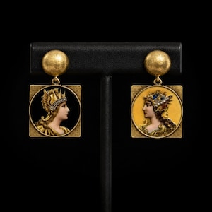 Boucles d'oreilles pendantes rétro camée, forme carrée, or antique, tige en argent 925