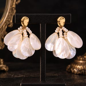 Mother of Pearl Chandelier Earrings, Freshwater Pearl Drop, Gold Stud, Bridal Statement Jewelry