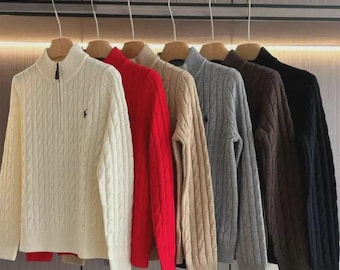 Maglione Polo Ralph Lauren a trecce con cerniera a un quarto / Classico pullover preppy in cotone