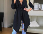 Women Slim Long Coat Jacket Windbreaker Overcoat Outwear Cardigan Black