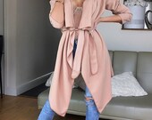 Women Slim Long Coat Jacket Windbreaker Overcoat Outwear Cardigan Pink