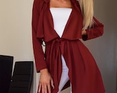 Women Slim Long Coat Jacket Windbreaker Overcoat Outwear Cardigan Wine Red