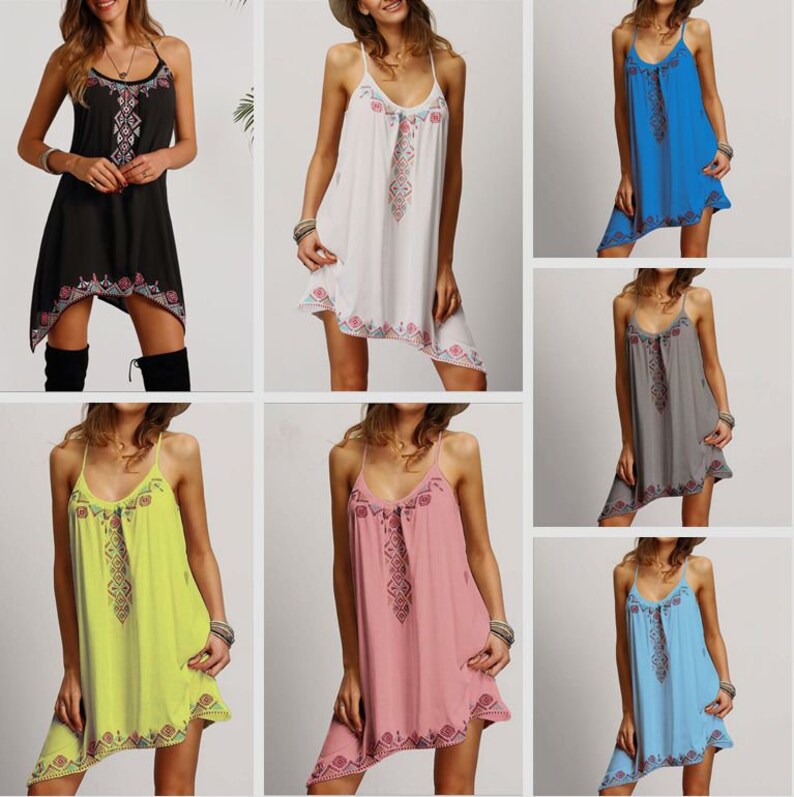 Women Boho Tribal Print Sleeveless Beach Sundress Casual Asymmetrical Mini Dress White