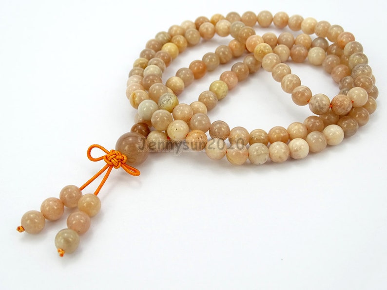 Natural 6mm Sunstone Gemstone Buddhist 108 Beads Prayer Mala Multi-Purpose Stretchy Bracelet Necklace Healing