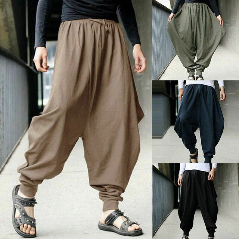 Women Mens Harem Pants Yoga Japanese Style Baggy Hippie Genie Wide Leg Trousers Black