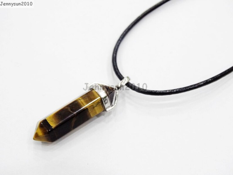 Natural Tiger/'s Eye Gemstones Hexagonal Pointed Healing Reiki Chakra Pendant Beads with Black Real Leather Cord Necklace 18/'/' Inch