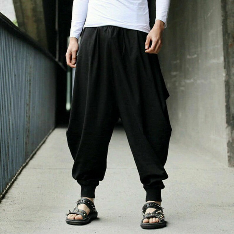 Women Mens Harem Pants Yoga Japanese Style Baggy Hippie Genie Wide Leg Trousers Black
