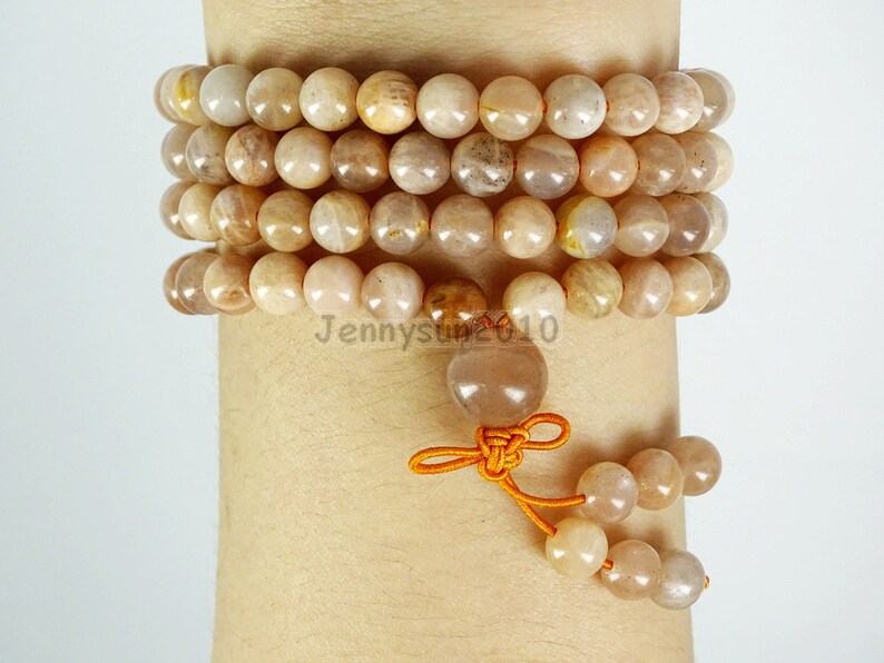 Natural 6mm Sunstone Gemstone Buddhist 108 Beads Prayer Mala Multi-Purpose Stretchy Bracelet Necklace Healing