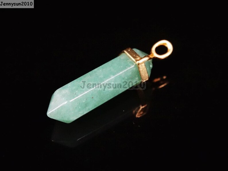 Natural Green Aventurine Gemstones Hexagonal Pointed Healing Reiki Chakra Pendant Beads Gold Plated Cap Bail For Necklace or Earrings