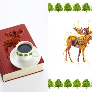 May include: A red hardcover book with a moose illustration on the cover. A cup of coffee sits on top of the book. The moose is made up of orange and purple lines.