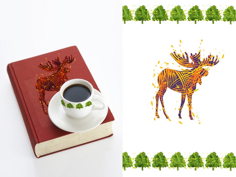 May include: A red hardcover book with a moose illustration on the cover. A cup of coffee sits on top of the book. The moose is made up of orange and purple lines.