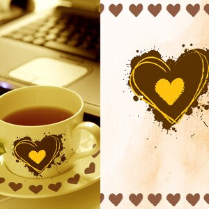 May include: A yellow teacup with a brown heart design and a brown saucer with a yellow heart border. The teacup is filled with tea and is sitting on a table with a laptop in the background.