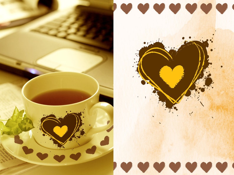 May include: A yellow teacup with a brown heart design and a brown saucer with a yellow heart border. The teacup is filled with tea and is sitting on a table with a laptop in the background.