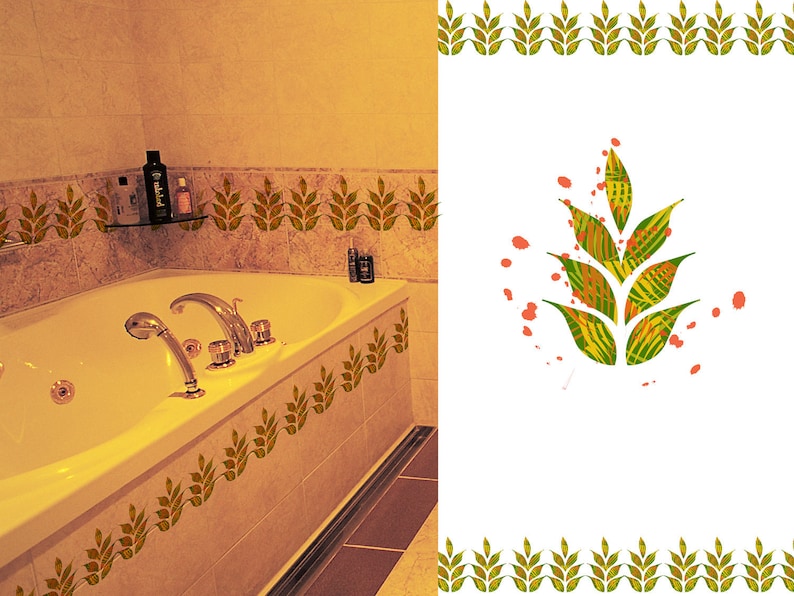 May include: A white bathtub with chrome fixtures and a tiled surround. The tiles have a decorative border of green and brown wheat stalks.