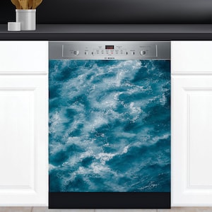 May include: A stainless steel dishwasher with a blue and white ocean wave design on the front panel. The dishwasher has a digital display and control buttons.