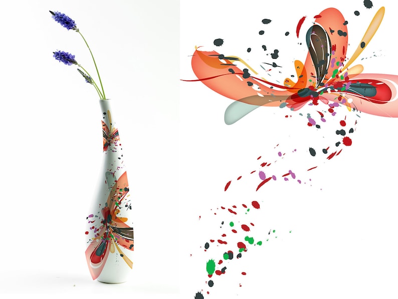 May include: A white ceramic vase with a colorful abstract design featuring splashes of red, orange, yellow, green, blue, and black. The vase is filled with purple flowers.