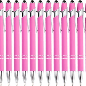 May include: A set of ten pink stylus pens with silver accents. The pens have a black rubber tip and a silver clip.