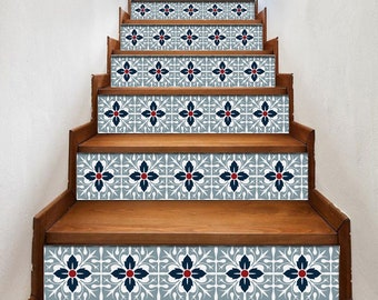 May include: A set of decorative stair treads with a blue and red floral pattern. The treads are made of a durable material and are easy to apply. They are perfect for adding a touch of style to any staircase.