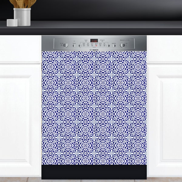 Dishwasher Cover Choose Magnet Or Vinyl Decal Sticker, Vintage Timeworn Look Portugal Spain Azulejo Tiles Pattern Design D0130