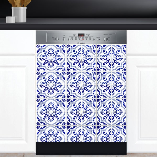 Dishwasher Cover Choose Magnet Or Vinyl Decal Sticker, Vintage Timeworn Look Portugal Spain Azulejo Tiles Pattern Design D0180