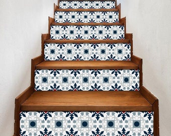 May include: A set of decorative stair treads with a blue and white geometric pattern. The treads are made of a durable, self-adhesive material and are easy to apply.