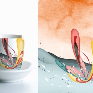 May include: A white ceramic coffee mug with a colorful abstract design featuring yellow, red, pink, and teal shapes. The design resembles a stylized flower.