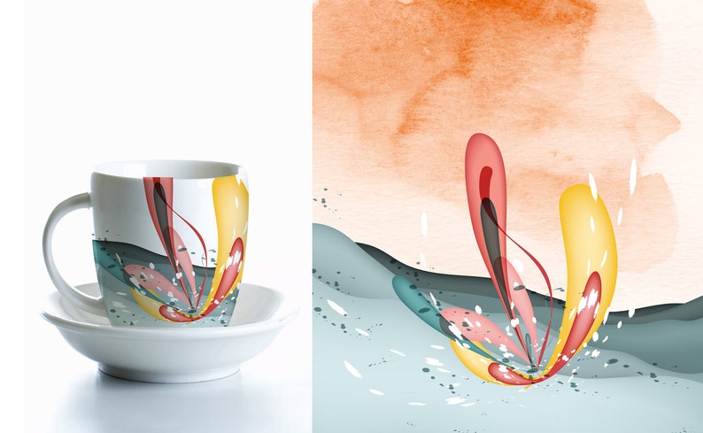 May include: A white ceramic coffee mug with a colorful abstract design featuring yellow, red, pink, and teal shapes. The design resembles a stylized flower.