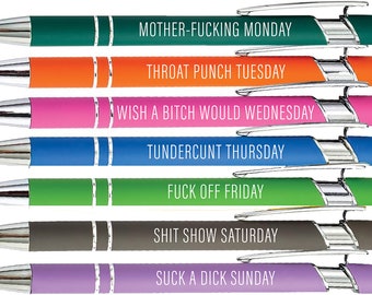 Offensive Days Of The Week Pen Quotes, Funny Pen Set of 7, Adult Humor Pens, Sarcastic Daily Pen Set, Weekday Pens, Choose Color From Menu