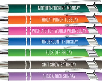 Offensive Days Of The Week Pen Quotes, Funny Pen Set of 7, Adult Humor Pens, Sarcastic Daily Pen Set, Weekday Pens, Choose Color From Menu