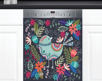 Dishwasher Cover Choose Magnet Or Vinyl Decal Sticker, Scandinavian Bird And Flowers Folk Art Design D0075- choose your size from the menu.