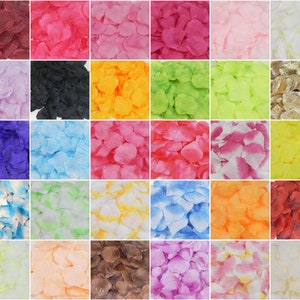 May include: Assortment of silk rose petals in various colors, including red, pink, purple, blue, green, yellow, orange, white, and brown. The petals are arranged in a grid pattern.