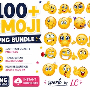 Puede incluir: Una colección digital de más de 100 iconos emoji amarillos en un paquete PNG. El gráfico presenta el texto 100+ EMOJI PNG BUNDLE, 100+ HIGH QUALITY PNG FILES, TRANSPARENT BACKGROUND, HIGH RESOLUTION 3500 x 4500 PX, PNG FILES ONLY e INSTANT DOWNLOAD.