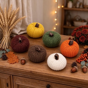 Mini stickad pumpa i lantlig stil, set med 6: Rustik höstdekoration, mysiga Thanksgiving-skördekorationer