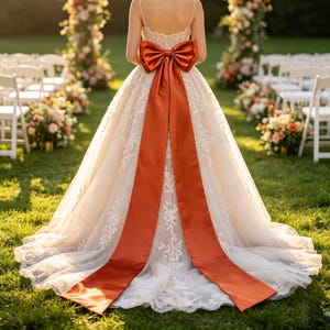 Può includere: Un abito lungo color avorio con intricati ricami in pizzo bianco su una gonna in tulle, accentuato da un grande fiocco in raso color arancio bruciato in vita con lunghi nastri che scendono lungo la parte posteriore dell'abito.