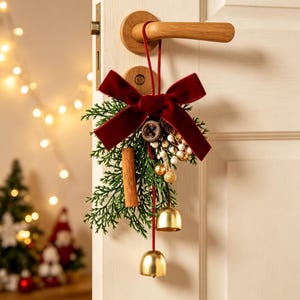 May include: A decorative door hanging featuring a deep red velvet bow, green pine sprigs, a brown cinnamon stick, white berries, and two gold-toned metal bells. The ornament is suspended by a red cord from a wooden door handle.