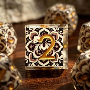 Gothic Mandala Lotus Double Layered Resin Dice Set | Handmade Cathedral Resin RPG Dice | 7 Piece Sharp Edge Polyhedral DND Dice Gift