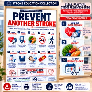 Poster om att förebygga ytterligare en stroke, patientutbildning för strokeprevention, neurologiklinik, utskrivbar PDF
