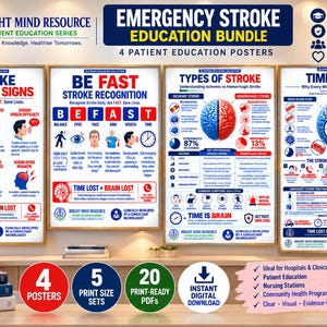 May include: A set of four educational posters titled Emergency Stroke Education Bundle. The posters feature detailed infographics, diagrams of the human brain, and text explaining stroke warning signs, recognition, types, and treatment protocols.
