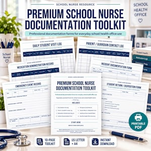 Puede incluir: Un kit de documentación para enfermería escolar que incluye formularios impresos como un registro diario de visitas de estudiantes, registro de contacto con padres, registro de administración de medicamentos, formulario de incidentes y formulario de retorno.