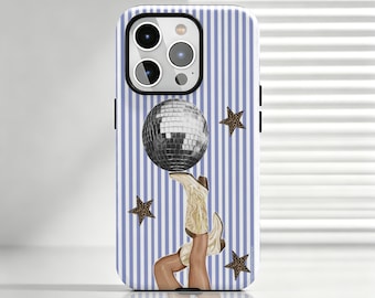 Western Disco Phone Case, Cowgirl Boots Striped Cover, Retro Disco Ball Star Case,iPhone 17, 16, 15, 14, 13, 12, 11, Samsung  S26, S25, S24