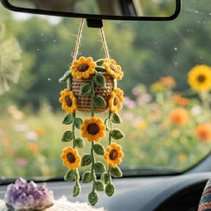 Patrón de cesta colgante de enredadera de girasol a crochet, decoración floral amigurumi de nivel intermedio (PDF)